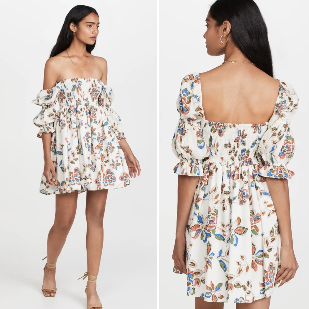 MISA Zadie Smocked Off The Shoulder Puff Sleeve Dress in Flora Block size small